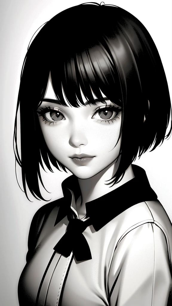 1girl, solo, monochrome, greyscale, short black hair, portrait, shirt, closed mouth, looking at viewer, sketch, graphite \(medium\), small lips, hatching \(texture\), without makeup, bangs, upper body,