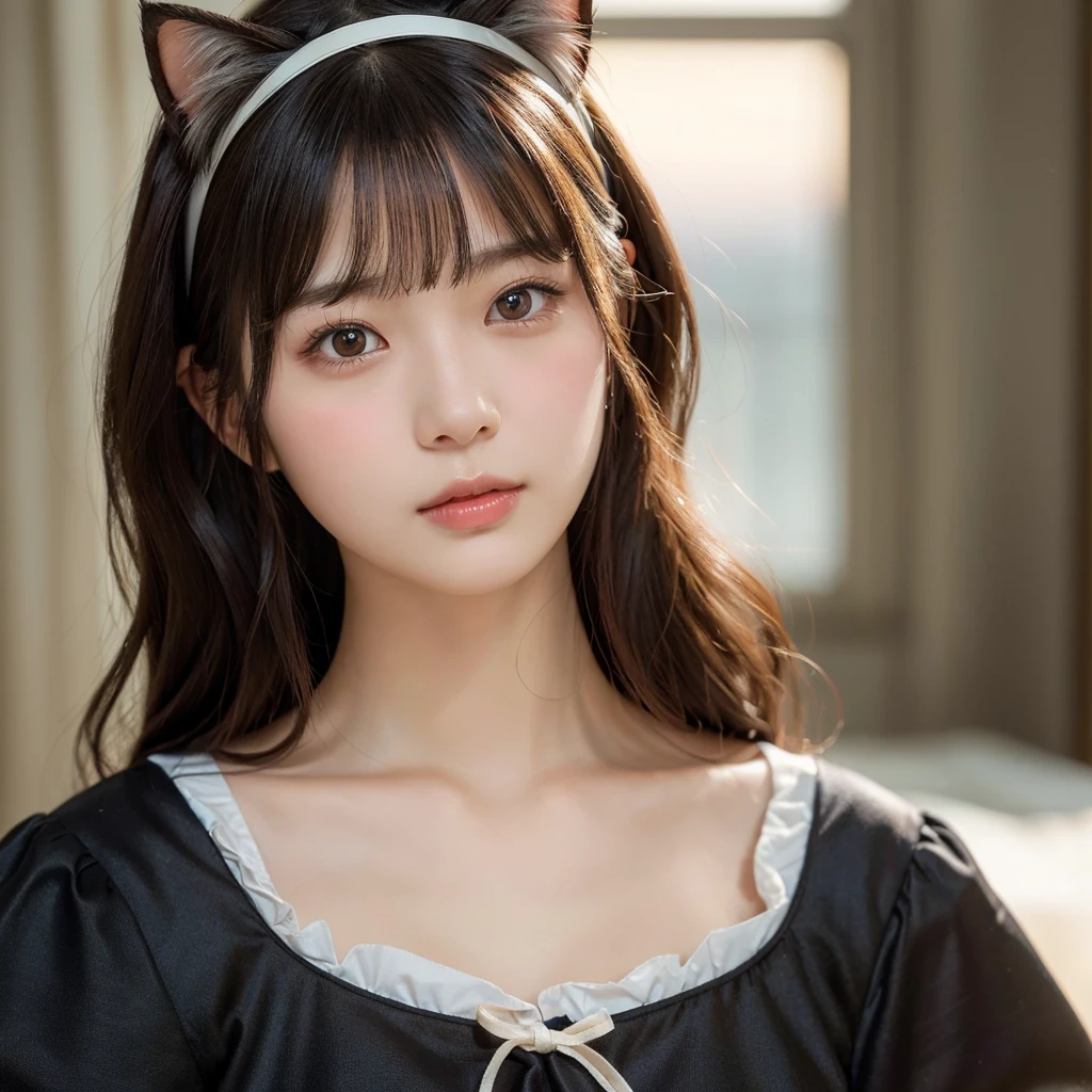 笑顔でLooking at the camera,(Highest quality,masterpiece:1.3,Ultra-high resolution),(Very detailed,Caustics,8k),(Realistic:1.4,RAW shooting),Super detailed, Ultra-high resolution,Ultra high definition 8K,Highest quality,Very detailedな,masterpiece,Realistic,Rich details,Photographic realism,18-year-old,日本語 cute日本の少女,Looking at the camera, Good figure,Rembrandt Lighting, (photoRealistic:1.2), (Highest quality), (Detailed skin:1.3), (Intricate details), Ray Tracing,One person, In detail,real,Scattered beneath the surface,(blush:0.5), Detailed skin texture, Black Hair, Long Hair,Cat ears headband, (Wavy Hair:1.2), (Blunt bangs:1.2), Detailed lips,Beautiful Lips, Detailed face、cute, Black maid outfit,Collarbone Bare Skin,(Face Focus:1.1),(Face close-up:1.1),Front of face,Sunset