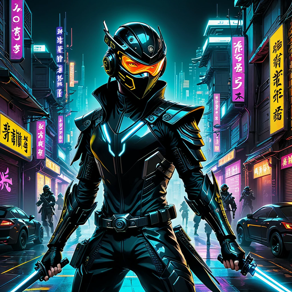Imagine a cyberpunk-style city with a ninja character dressed in black cyber gear. They are equipped with advanced ninja tools, such as a sharp sword and shurikens, along with a bionic arm and cyber implants. The character remains constantly vigilant, showing a high sense of alertness towards enemies. They blend into the darkness of the night, ambushing enemies and moving swiftly at high speeds. The scene depicts a fusion of high-tech ninja actions and advanced technology within a glowing neon-lit ambiance. Include the number 0 in the depiction.