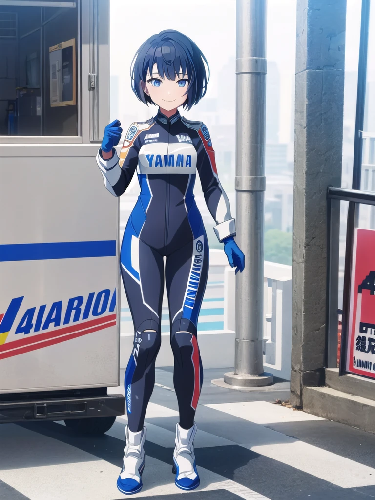 (Highest quality, 4K, 8k, High resolution, masterpiece:1.2), Very detailed, Picturesque, Anime style photo, Photo Animation:1.37)，Japanese，(Blue Hair)，(Pixie Cut)，(((Pixel Perfect, Perfect in every detail))), One person, Haruka Kiritani, MotoGP Gear, elbow, pad, boots, gloves, Simple Background, White Background, View your audience, smile，Full body standing，Yamaha Racing Suit，Bust Size C Cup，height(163cm)，Yamaha Official，A4 Size Wallpaper