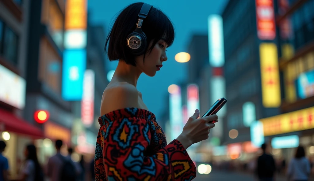 Attractive woman, folding cell phone., Japanese women, short hair,moody night,Shoulder Off,He's wearing a set,Wear headphones,strong sunlight,old hip-hop style,
