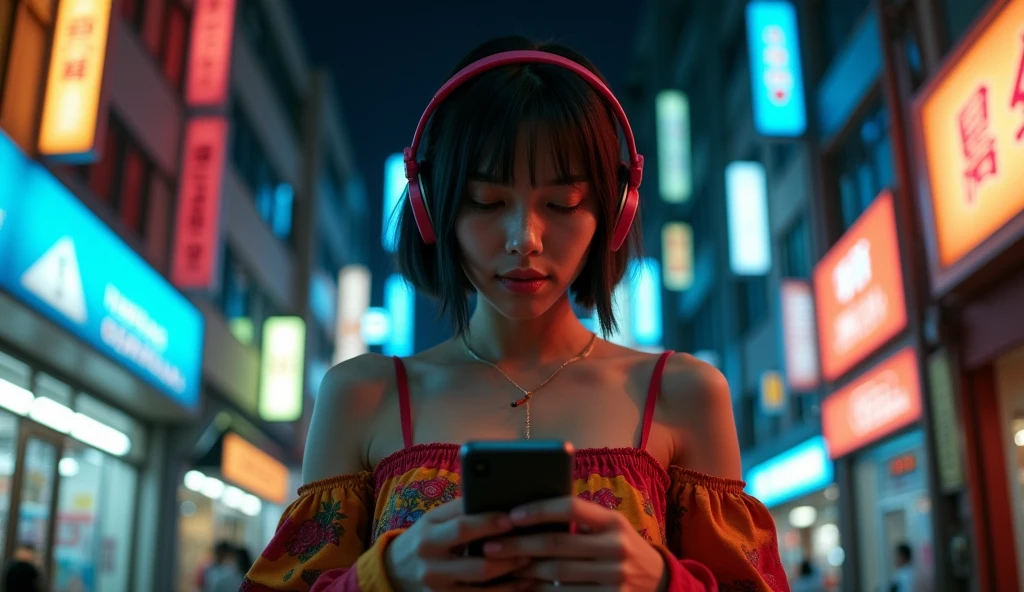 Attractive woman, folding cell phone., Japanese women, short hair,moody night,Shoulder Off,He's wearing a set,Wear headphones,strong sunlight,old hip-hop style,