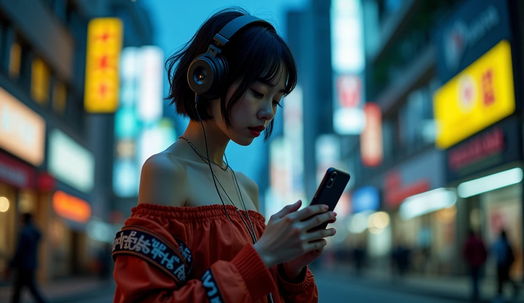 Attractive woman, folding cell phone., Japanese women, short hair,moody night,Shoulder Off,He's wearing a set,Wear headphones,strong sunlight,old hip-hop style,