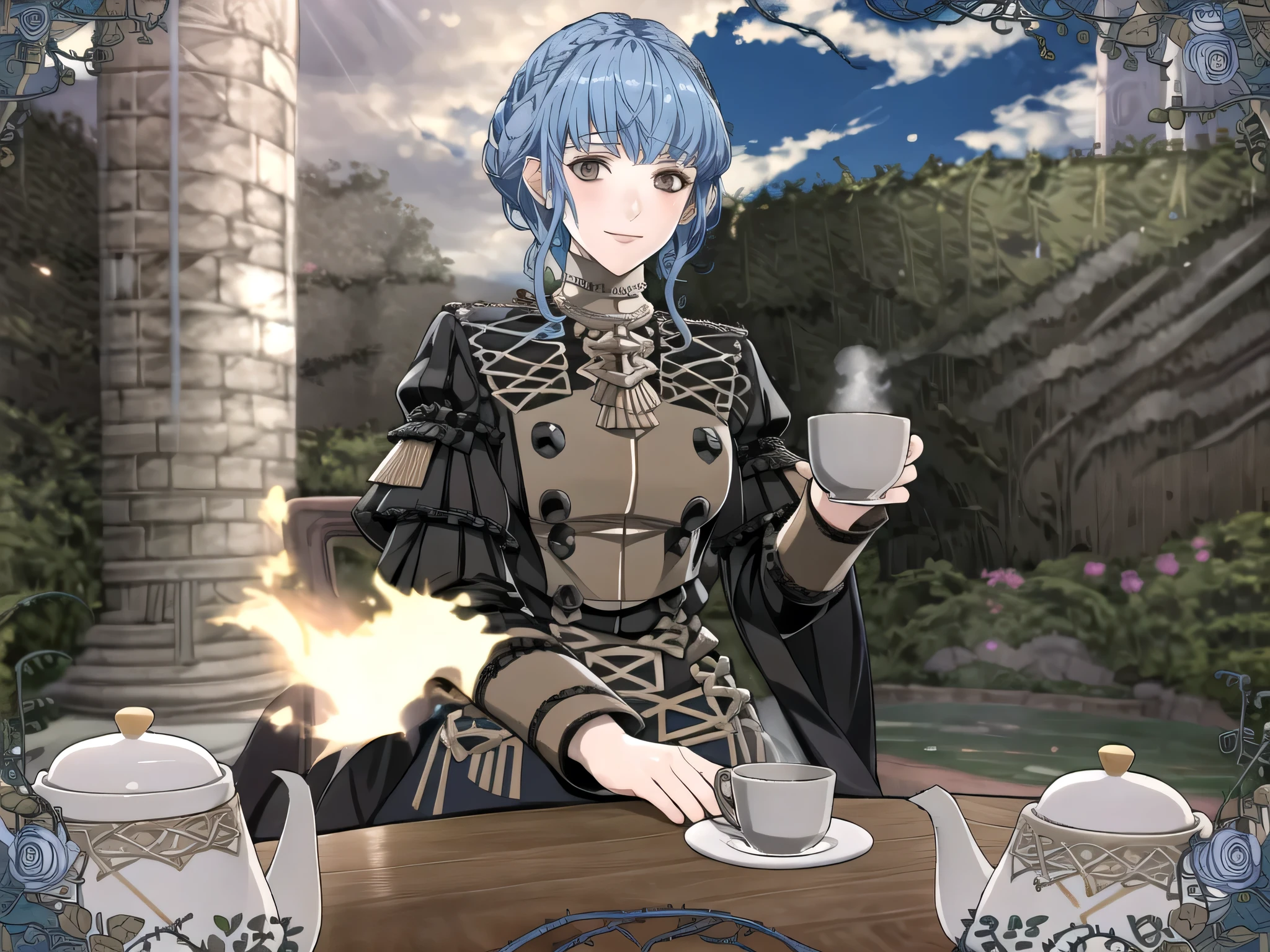 masterpiece, best quality, 1girl, smile, solo, looking at viewer, cup, table, food, teapot, outdoors, sitting, sky, clouds, sunset, BREAK masterpiece, best quality, masterpiece, best quality, marianne_academy, garreg mach monastery uniform, upper body, looking at viewer