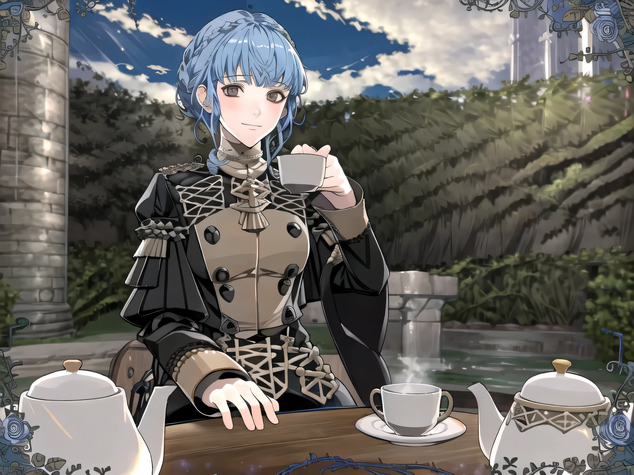 masterpiece, best quality, 1girl, smile, solo, looking at viewer, cup, table, food, teapot, outdoors, sitting, sky, clouds, sunset, BREAK masterpiece, best quality, masterpiece, best quality, marianne_academy, garreg mach monastery uniform, upper body, looking at viewer