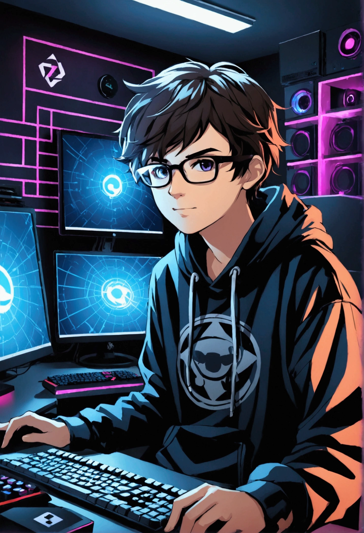 Create a logo of a cool age gamer wearing glasses, in a cool computer room with awesome computer equipment.