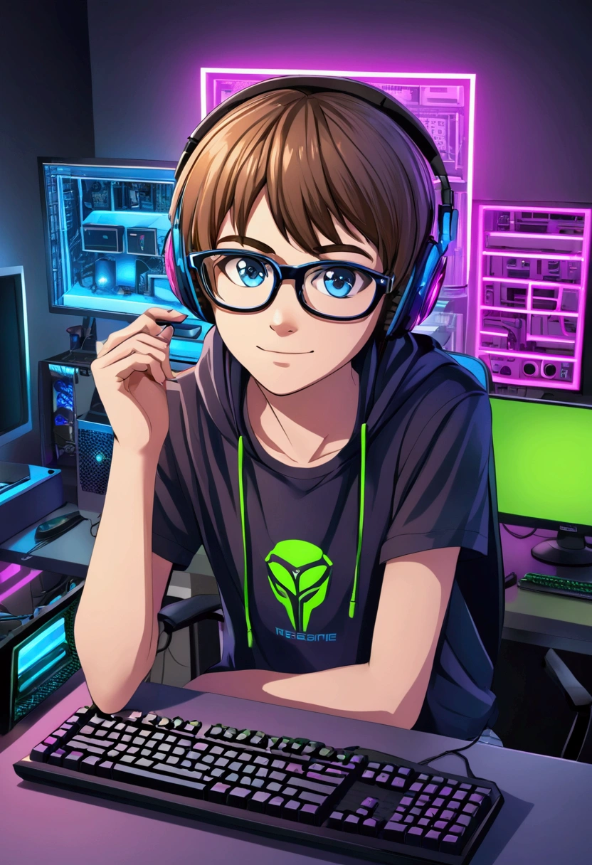 Create a logo of a cool teenage gamer wearing glasses, in a cool computer room with awesome computer equipment.
