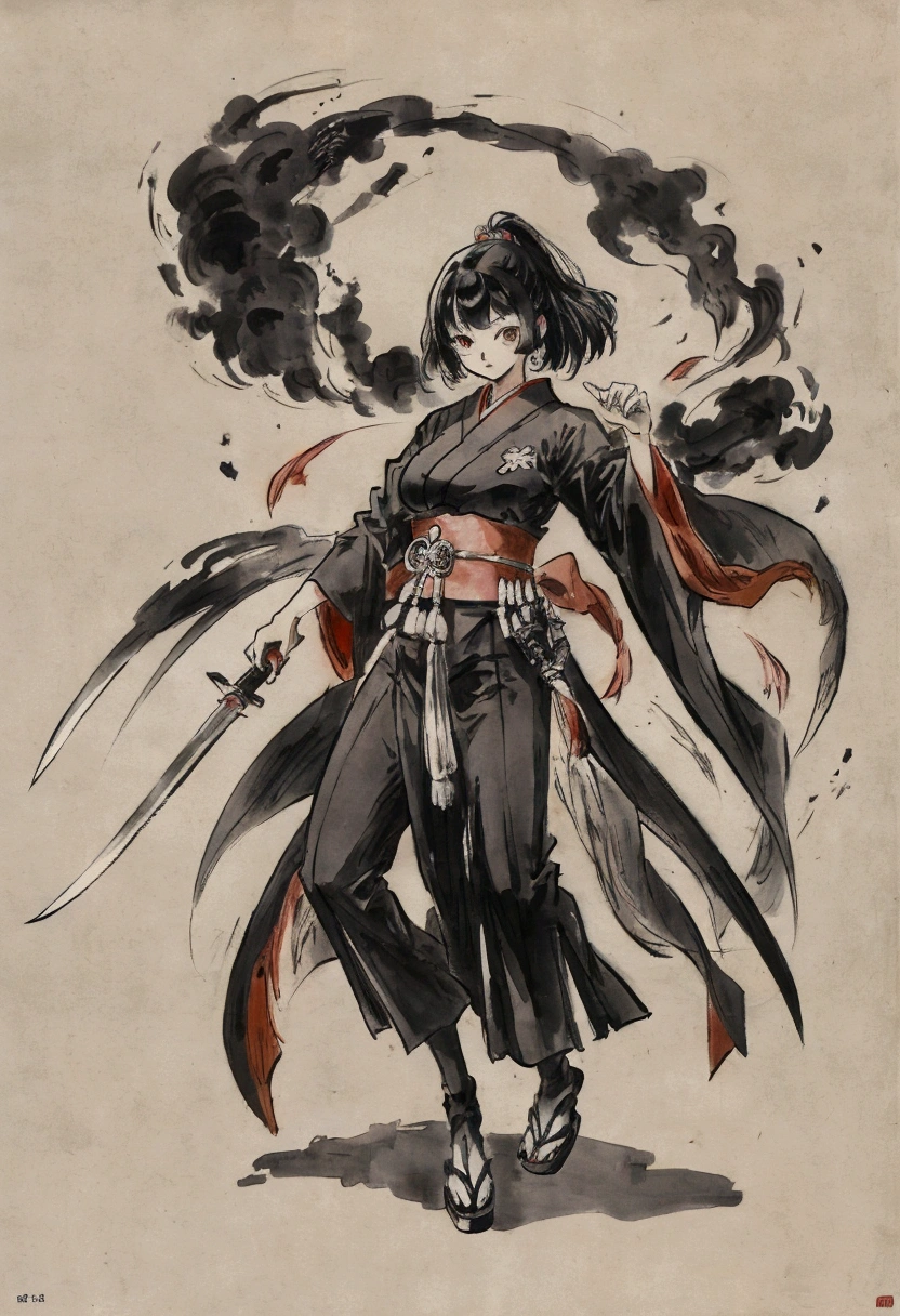 full body　Anime Character Design　Japanese style　Anime Character Reference Sheet　woman　Concept Character　black and white manga style　knife　