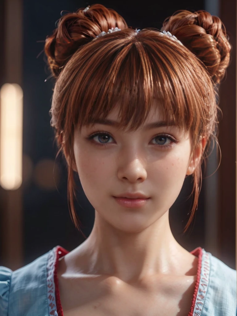 Kasumi, brown eyes, (best quality, ultra detail), (realistic:1.37), beautiful and detailed face, ultra-realistic texture, Delicate face, delicate body, red lipstick, bright colors. high definition, 8K, expression with a slight cute smile