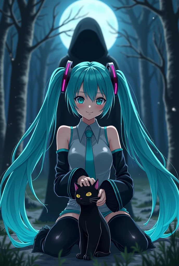 
Anime art, anime style, detailed drawing, forest background, high definition, high quality, one girl, solo, Hatsune Miku, aqua hair, twin tails, headphones, number tattoo "01" (red colored number tattoo, located on her right hand), grey sleeveless collared shirt, black detached sleeves with aqua lines, five fingers with aqua nails, aqua necktie, black pleated mini skirt with aqua lines, zettai ryouiki, thigh-high black boots with aqua lines.

In the night, Miku Hatsune gently strokes the head of a black cat, there's a witch following her behind.