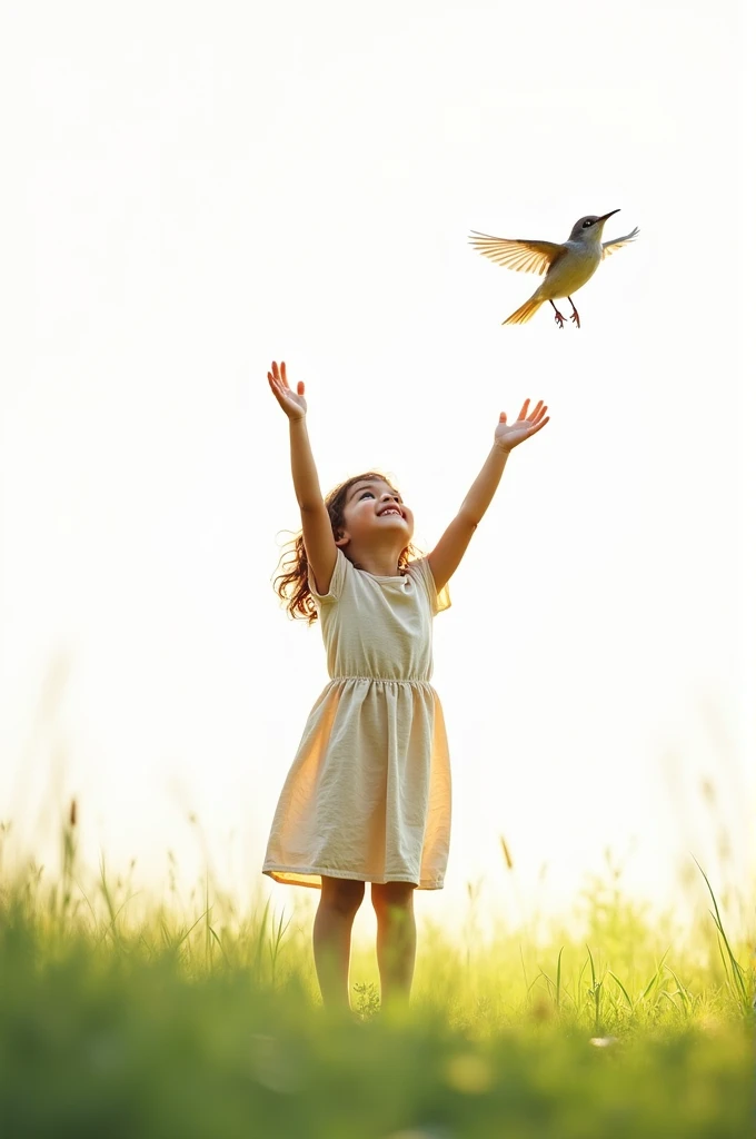 White background,cute standing on grass,rais her hands to liitle bird,cute liitle bird flying