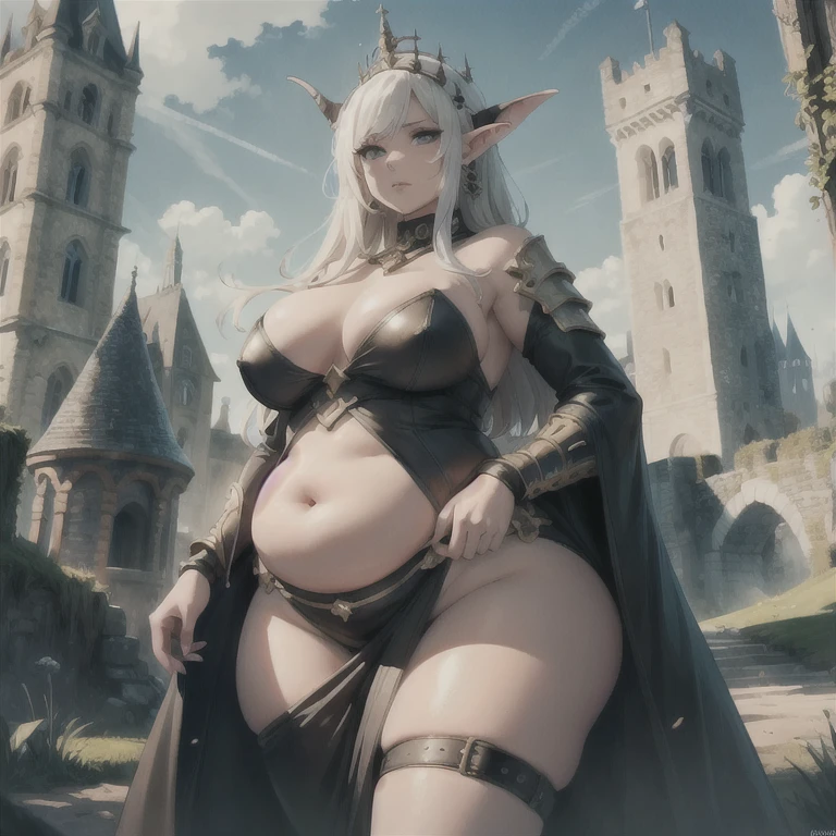 best quality, high rating, 8k, high resolution, beautiful face, gorgeous, masterpiece, ((flawless)), (((high rating))), (highly detailed face), masterpiece, full resolution, highly detailed skin texture, 8k, high resolution, beautiful face, 1woman, goblin queen, standing infront of tower, dungeon, knight, guards, giant dungeon tower, fields, dark fantasy tower, chubby queen, round tower