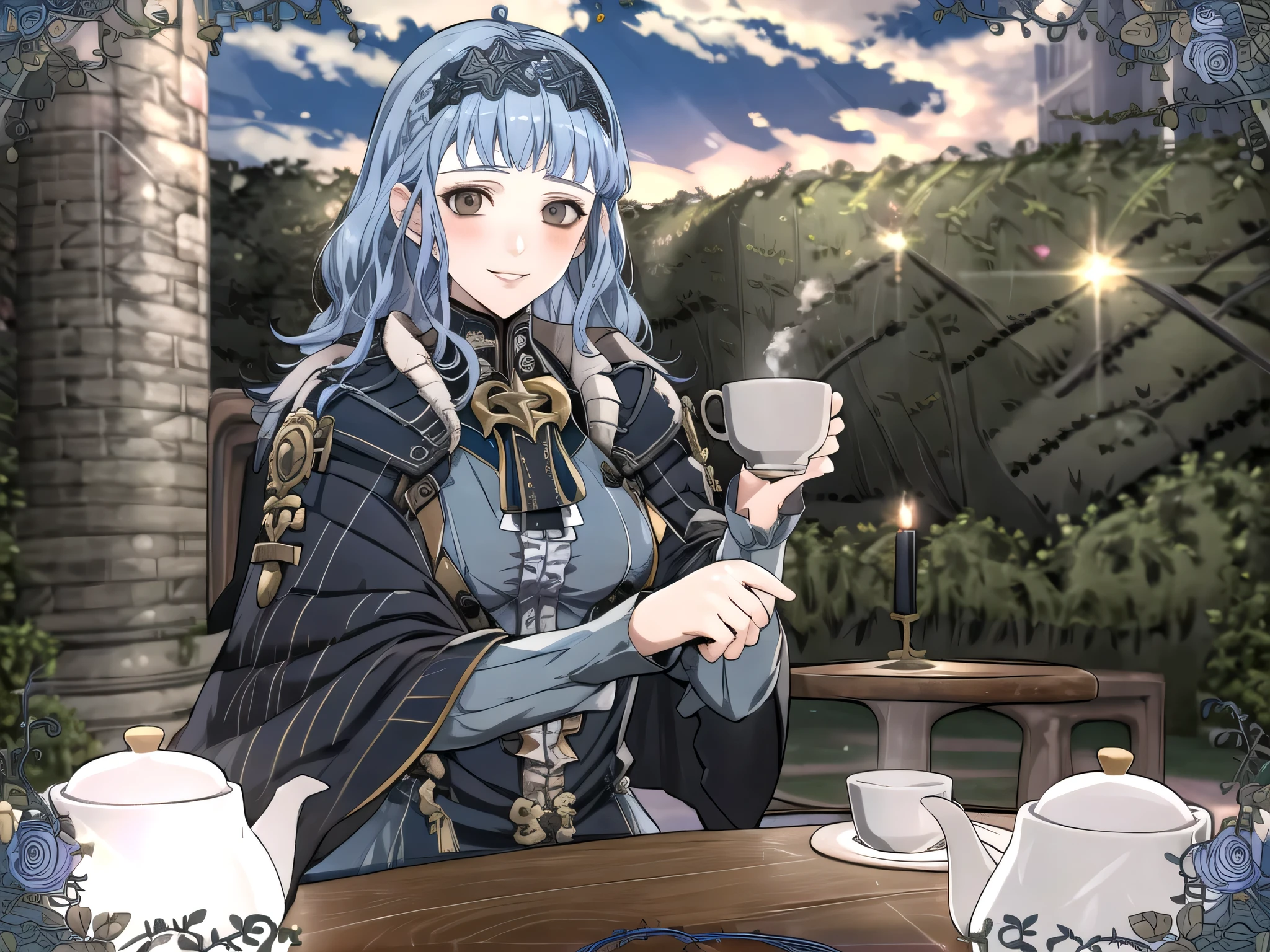 masterpiece, best quality, 1girl, smile, solo, looking at viewer, cup, table, food, teapot, outdoors, sitting, sky, clouds, sunset, BREAK masterpiece, best quality, marianne_hopes, long hair, blue dress, capelet, hairband,, upper body, looking at viewer, solo, 1girl