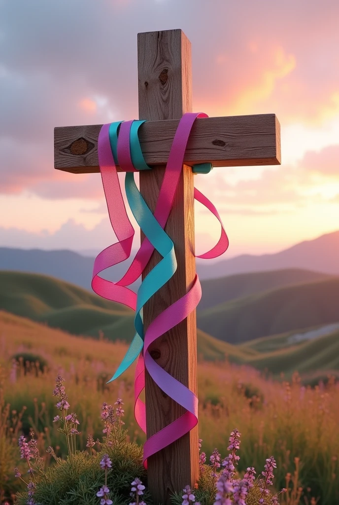 wooden cross with a pink, teal and purple ribbon wrapped around it