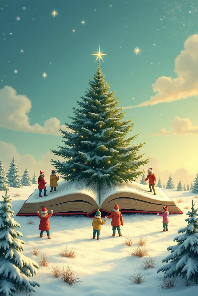 People cutting down a Christmas tree on a field that is a book with the tree falling heavily
