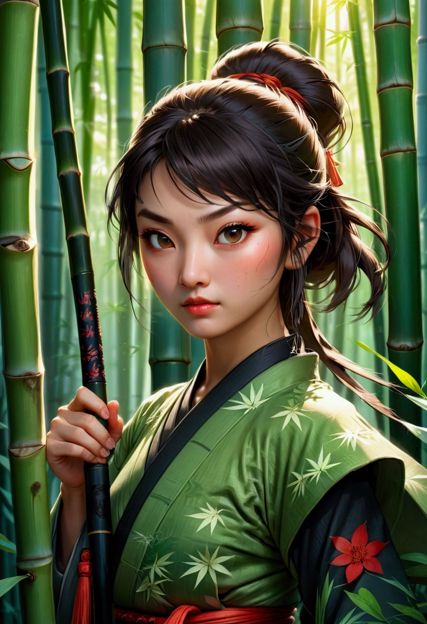 1girl, Ninja, Kunoichi, A bamboo forest, lush green bamboo shoots, sunlight filtering through the leaves, serene atmosphere, detailed foliage, intricate patterns, natural textures, depth of field, beautiful lighting, cinematic composition, highly detailed, 8K, concept art, masterpiece, best quality, very aesthetic, absurdres