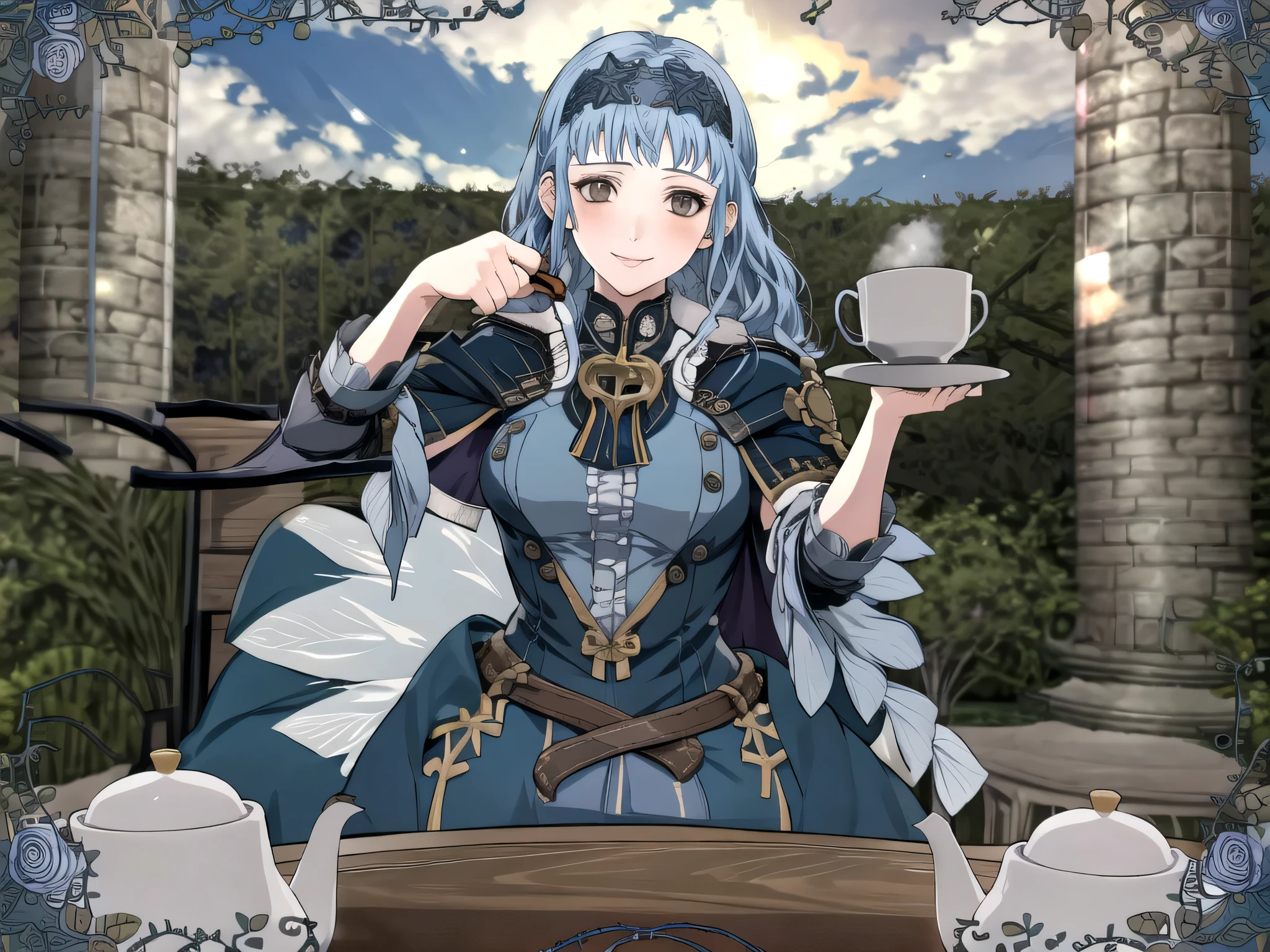 masterpiece, best quality, 1girl, smile, solo, looking at viewer, cup, table, food, teapot, outdoors, sitting, sky, clouds, sunset, BREAK masterpiece, best quality, marianne_hopes, long hair, blue dress, capelet, hairband,, upper body, looking at viewer, solo, 1girl