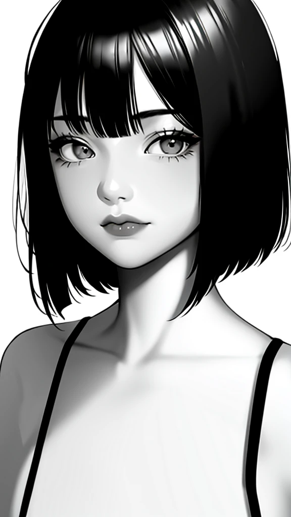 1girl, solo, monochrome, greyscale, short black hair, portrait, shirt, closed mouth, looking at viewer, sketch, graphite \(medium\), small lips, hatching \(texture\), without makeup, bangs, upper body,