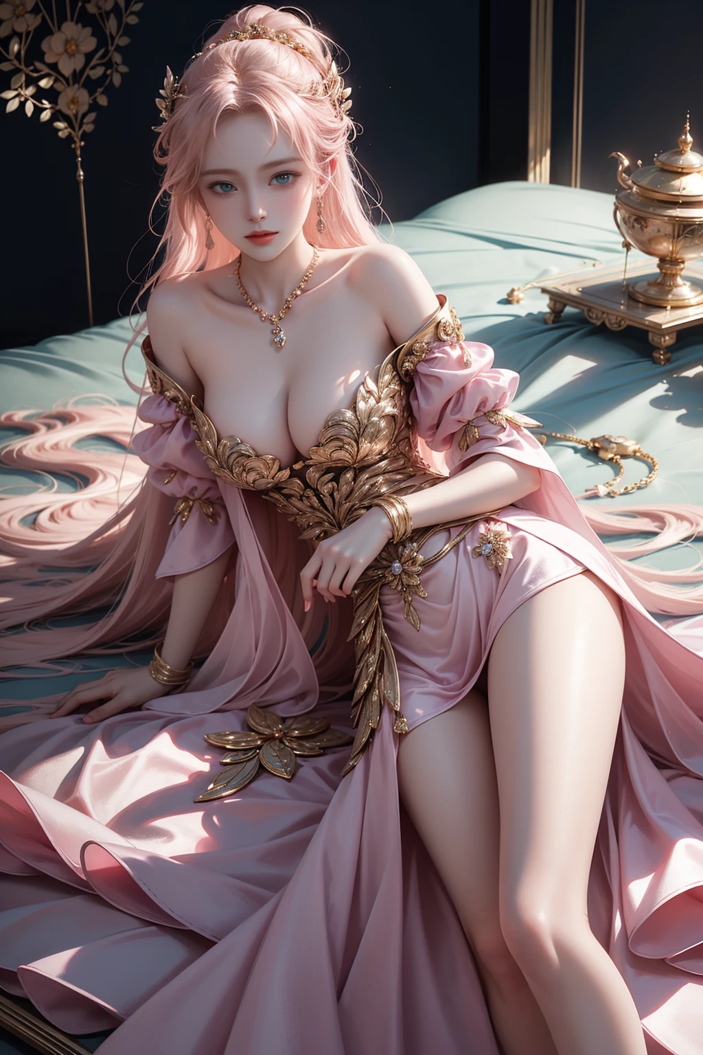 ((Girl lying in bed))、A beautiful and moving woman, in an elegant pose, her full breasts on display.,Visible cleavage,Sexy long legs,Her long hair cascades down her shoulders like a waterfall。She smiles radiantly,Eyes sparkle,Her skin is flawless。Her curves are highlighted。Sparkle in the light,The colors are soft,Perhaps in shades of light pink or lavender。She lay confidently,One hand on hip,Her posture is both graceful and strong。She wears elegant high heels,Goes well with her outfit。In the warm golden sun。The overall atmosphere of the image is tranquil and uplifting,Emphasizing natural beauty and elegance, Studio Lighting,Bright colors, Sweet maiden, sweet smile, make up,shy,Blush,Parted lips,Heavy breathing,moan,Surrealism,Realism,Movie Lighting,Relief,Sony FE GM,Retina,masterpiece,precise,Anatomically correct,Textured Skin,Super Detail,High Detail,best quality,rich and colorful
