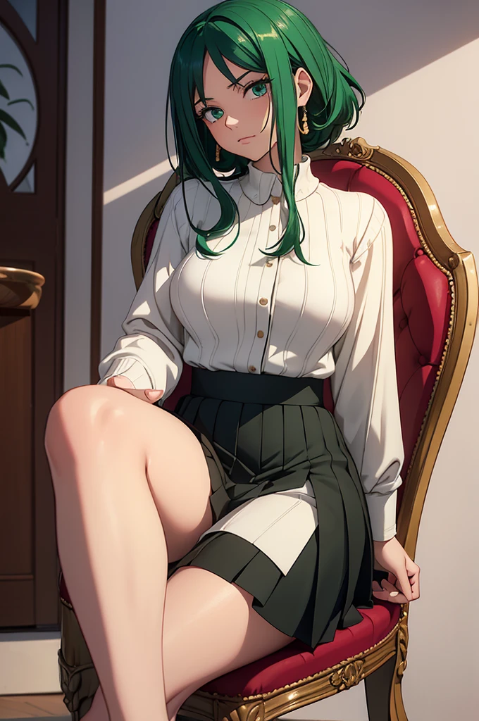 Create an image of a gender-swapped version of Izuku Midoriya, depicted as a stunningly beautiful and confident girl. She has short, vibrant green hair, perfectly styled to frame her face, with every strand rendered in exquisite detail. Her large, expressive eyes are meticulously detailed, radiating a mix of determination and warmth that perfectly captures her heroic nature.
She is seated gracefully on a classic, elegant chair, her posture poised and refined. She is dressed in a sophisticated "old money" outfit, consisting of a crisp, white blouse tucked into a pleated skirt that falls just above the knees. Over the blouse, she wears a soft, luxurious sweater that adds a layer of warmth and elegance. The skirt is slightly lifted by her hands, revealing a glimpse of her high socks that reach just below the knee, adding a touch of playful allure to her otherwise composed appearance. Her feet are adorned with perfectly polished, cute loafers that complete the ensemble.
Her expression is a blend of subtle playfulness and quiet confidence as she gazes directly at the viewer, creating a captivating connection. The scene is intimate yet elegant, with the perfect balance of poise and charm.
Every aspect of the image, from the texture of her outfit to the delicate way she holds her skirt, is rendered with the highest level of detail and precision. The image should be visually stunning and captured in 8K resolution, ensuring every feature is portrayed with flawless quality, resulting in a perfect and captivating representation of female Izuku Midoriya in a sophisticated, classic outfit, sitting elegantly on a chair.