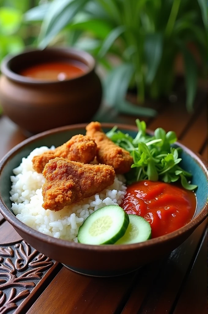 make a plate of rice, fried chicken, sambal, dan lalapan