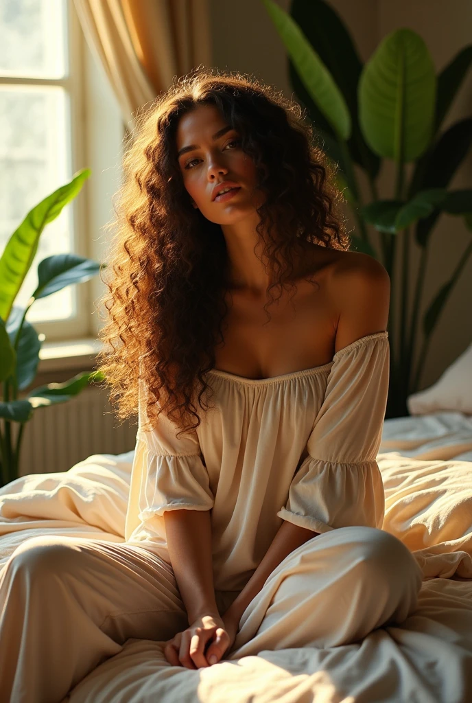 (photorealism:1.2), beautiful woman, sitting on bed, wearing loose off-shoulder top, pajama pants, long curly hair, indoors, soft lighting, plants in background, window with sunlight, cozy room, relaxed pose, realistic, intricate details, warm colors, by Greg Rutkowski, by Alphonse Mucha