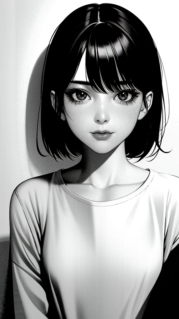 1girl, solo, monochrome, greyscale, short black hair, portrait, shirt, closed mouth, looking at viewer, sketch, graphite \(medium\), small lips, hatching \(texture\), without makeup, bangs, upper body,