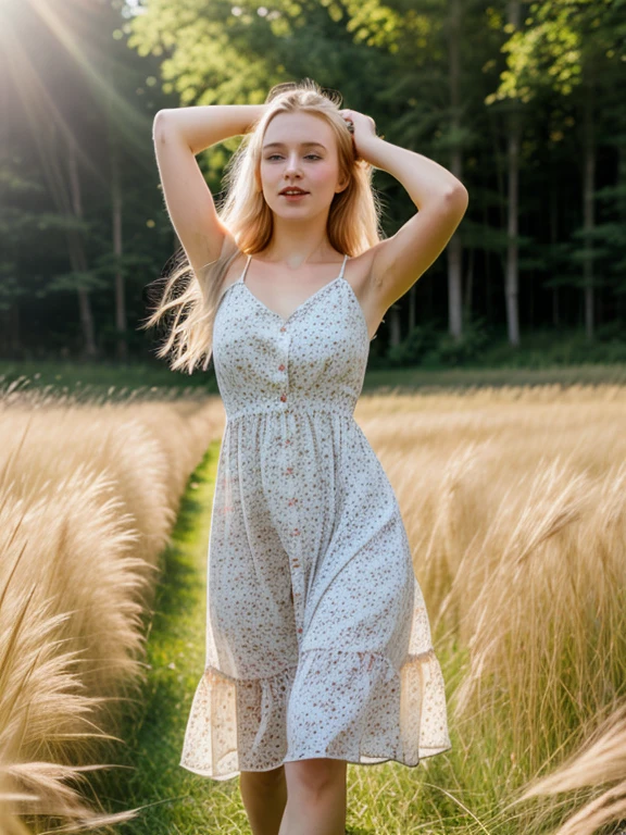 woman, young, blonde, pale skin, wearing a light summer dress, fit, athletic, field of tall grass, trees in background, dancing to music in her head, sun shining through