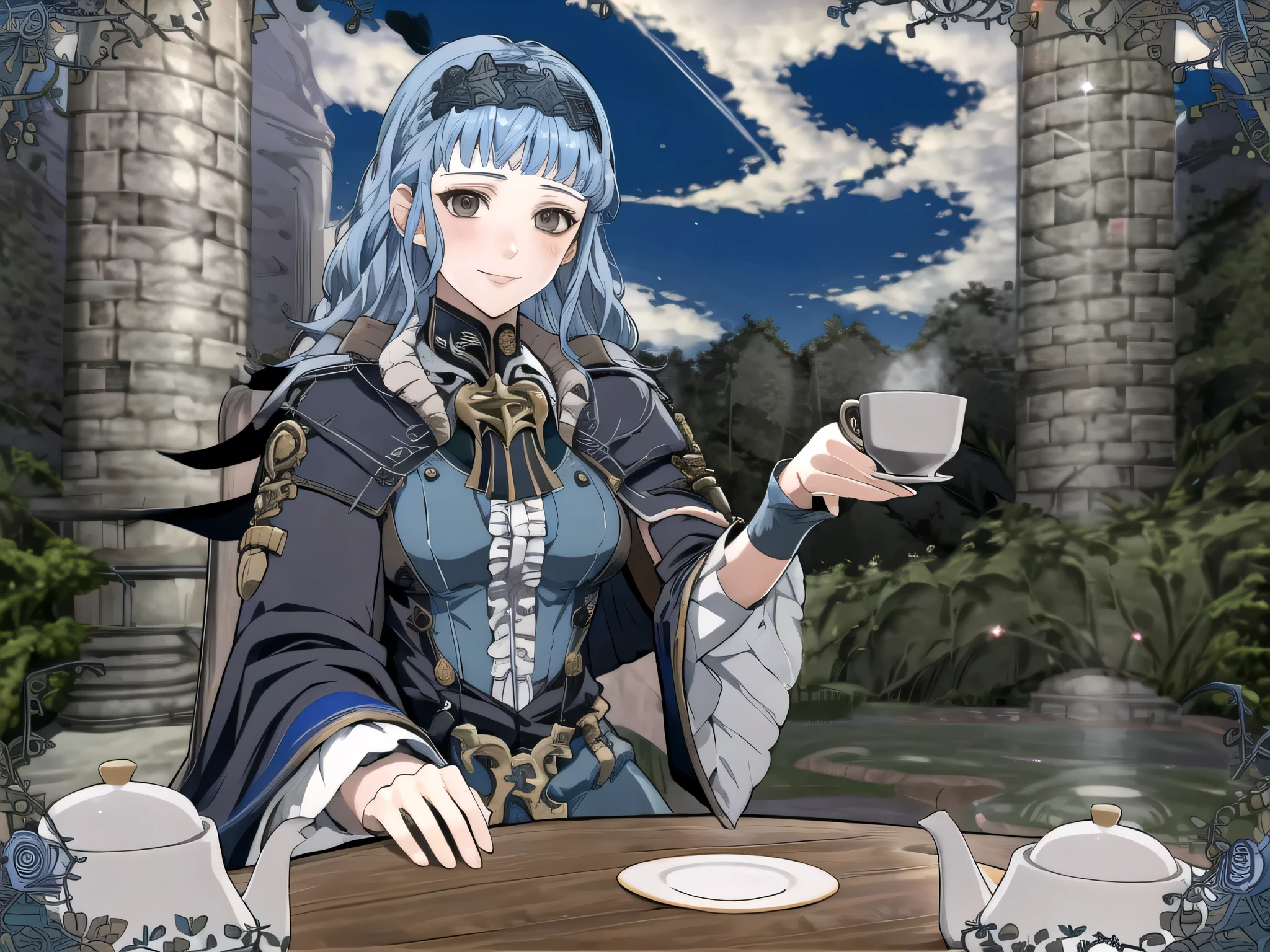 masterpiece, best quality, 1girl, smile, solo, looking at viewer, cup, table, food, teapot, outdoors, sitting, sky, clouds, sunset, BREAK masterpiece, best quality, marianne_hopes, long hair, blue dress, capelet, hairband, upper body, looking at viewer, solo, 1girl