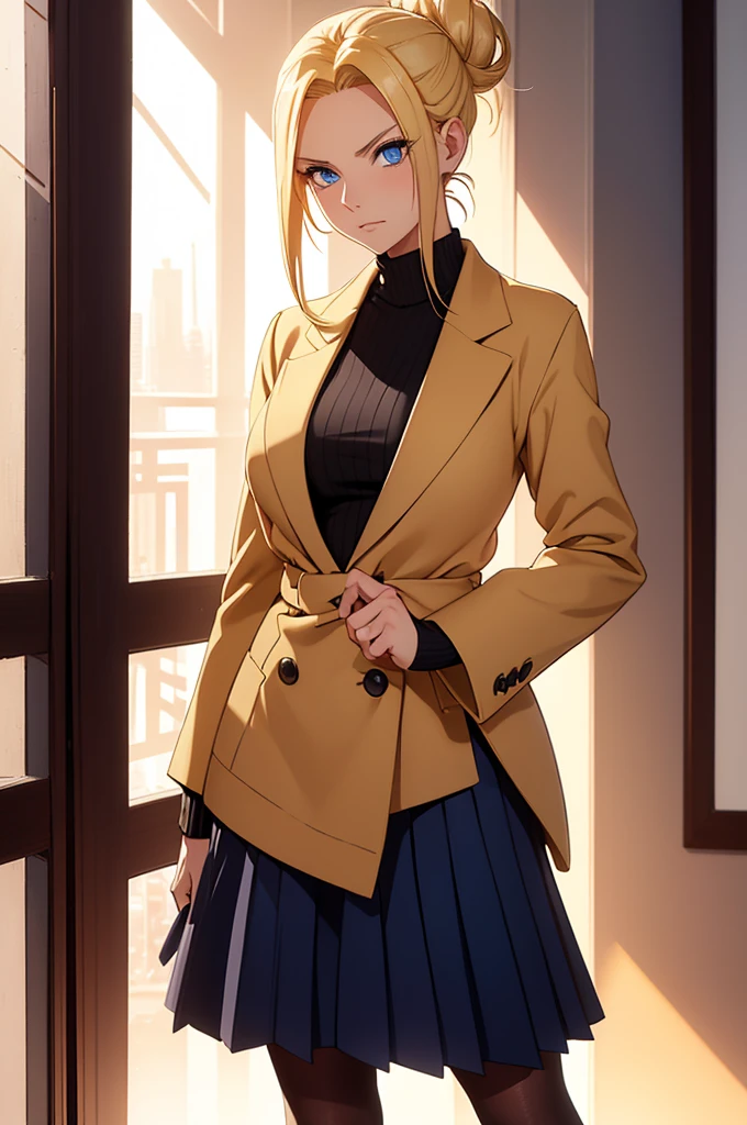 Create an image of a gender-swapped Naruto Uzumaki, depicted as a breathtakingly beautiful girl with her golden blonde hair styled into a neat, elegant bun. Her vibrant blue eyes are meticulously detailed, brimming with energy and determination, capturing her bold and confident spirit. The hair is flawlessly rendered, each strand reflecting light perfectly, contributing to her polished and refined appearance.
She is dressed in a classic "old money" outfit that exudes timeless sophistication and style. The crisp, white blouse is perfectly tailored and tucked into a pleated skirt that falls just above the knees, creating a look that is both polished and graceful. Over the blouse, she wears a soft, luxurious sweater that adds a layer of warmth and elegance, the fabric intricately textured to convey a sense of comfort and refinement. Her look is completed with high socks that reach just below the knee, adding a preppy, classic vibe, and immaculate loafers that perfectly complement the ensemble, polished to a shine.
She stands confidently, perhaps with one hand resting casually on her hip and the other delicately adjusting a stray strand of hair near her bun. Her expression is a perfect blend of playfulness and poise, radiating charm and sophistication as she gazes directly at the viewer.
Every detail of her attire and appearance, from the soft texture of the sweater to the flawless styling of her hair, is rendered with the utmost precision. The image should be a perfect representation, captured in 8K resolution to ensure that every aspect is portrayed with the highest quality, resulting in a flawless and captivating depiction of female Naruto Uzumaki in a sophisticated, classic outfit, with her hair styled in an elegant bun.