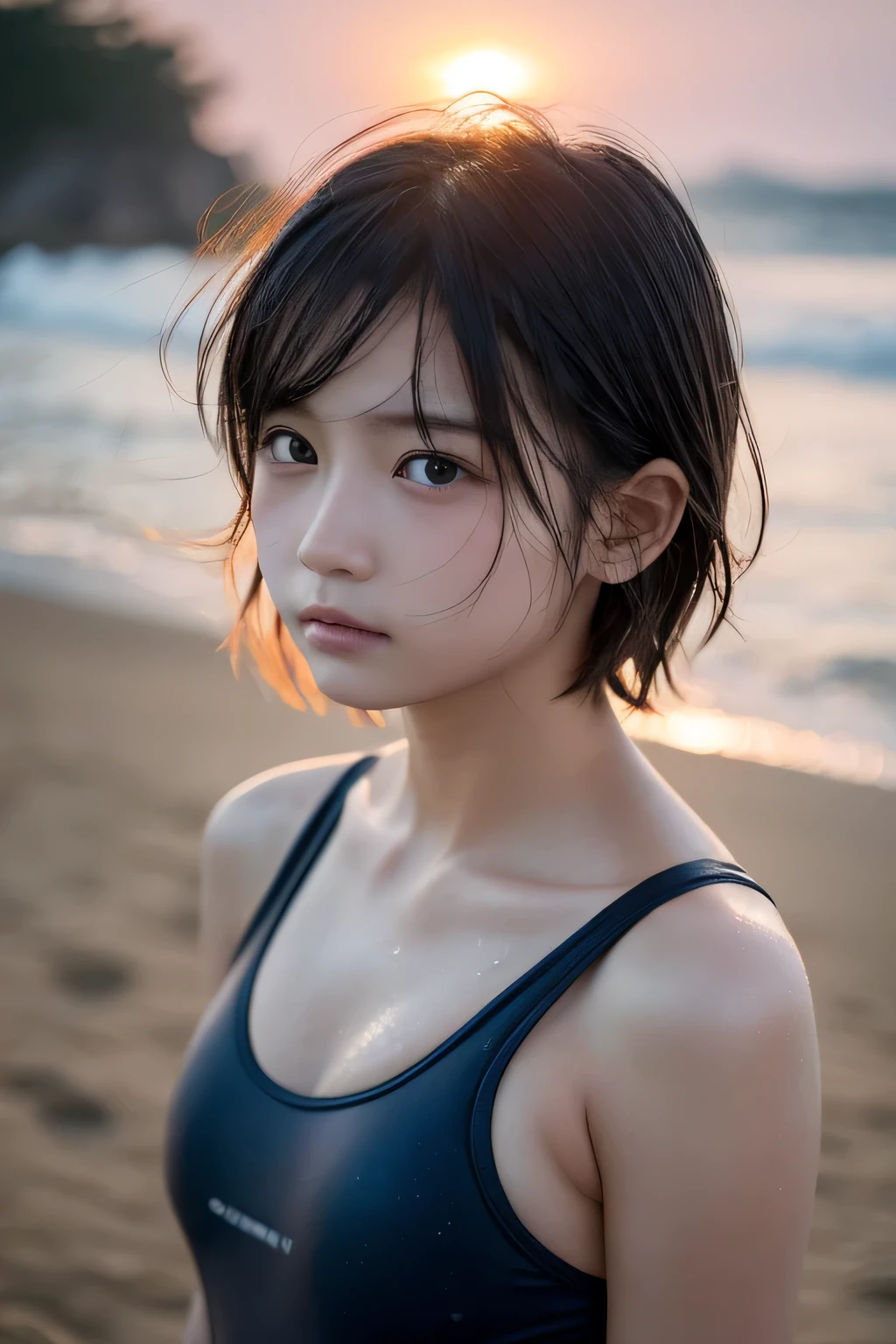 Hair blowing in the wind、Sweaty skin、Sweaty hair、Wet clothes、Coast at dusk,A cute girl with a face like a Japanese idol, Short Hair, Skinny body、athlete、(Cinema Lighting),(Natural light),(High level of artistry),(artistic),(Indistinguishable quality from the real thing),{{RAW Photos}},{{Genuine}},High resolution,masterpiece, beautiful, Handsome Tomboy, Looks like a salon model, Cool face, (nsfw),、Puzzled、shame、sleepy、(Spoiled:1.4), Cowboy Shot、Wet, tight one-piece swimsuit、School swimsuit that clings to the body, school swimsuit,