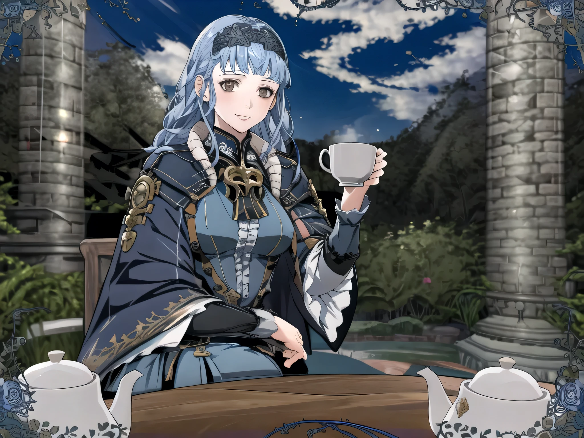 masterpiece, best quality, 1girl, smile, solo, looking at viewer, cup, table, food, teapot, outdoors, sitting, sky, clouds, sunset, BREAK masterpiece, best quality, marianne_hopes, long hair, blue dress, capelet, hairband, upper body, looking at viewer, solo, 1girl