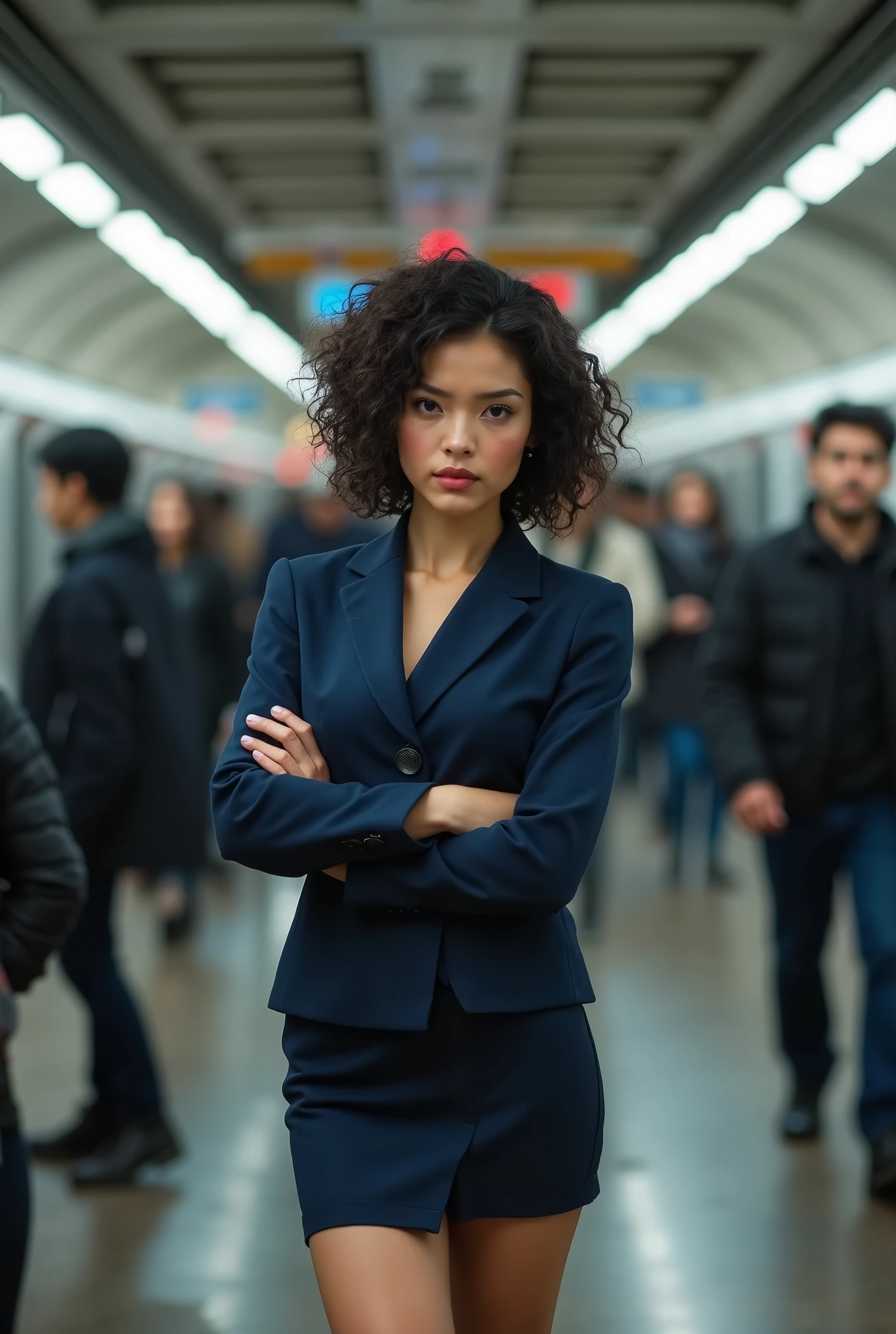 26 year old beautiful busty japanese woman,Highest vulgarity image quality、realistic、16K、vulgarity makeup face、cute、curly hair、muscular,Standing、OL in the subway、gray mini skirt suit、whole body、Annoyed、panoramic、show me your long legs、Photographed quite far away、whole body姿、arms folded、Full body、