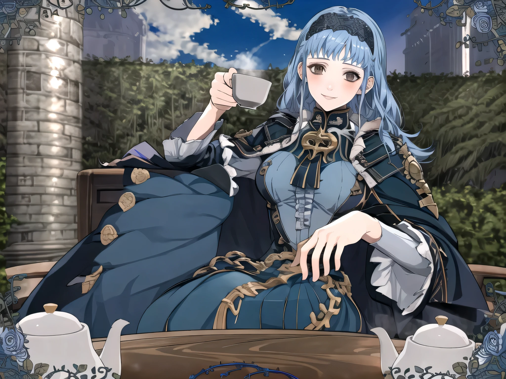 masterpiece, best quality, 1girl, smile, solo, looking at viewer, cup, table, food, teapot, outdoors, sitting, sky, clouds, sunset, BREAK masterpiece, best quality, marianne_hopes, long hair, blue dress, capelet, hairband, upper body, looking at viewer, solo, 1girl