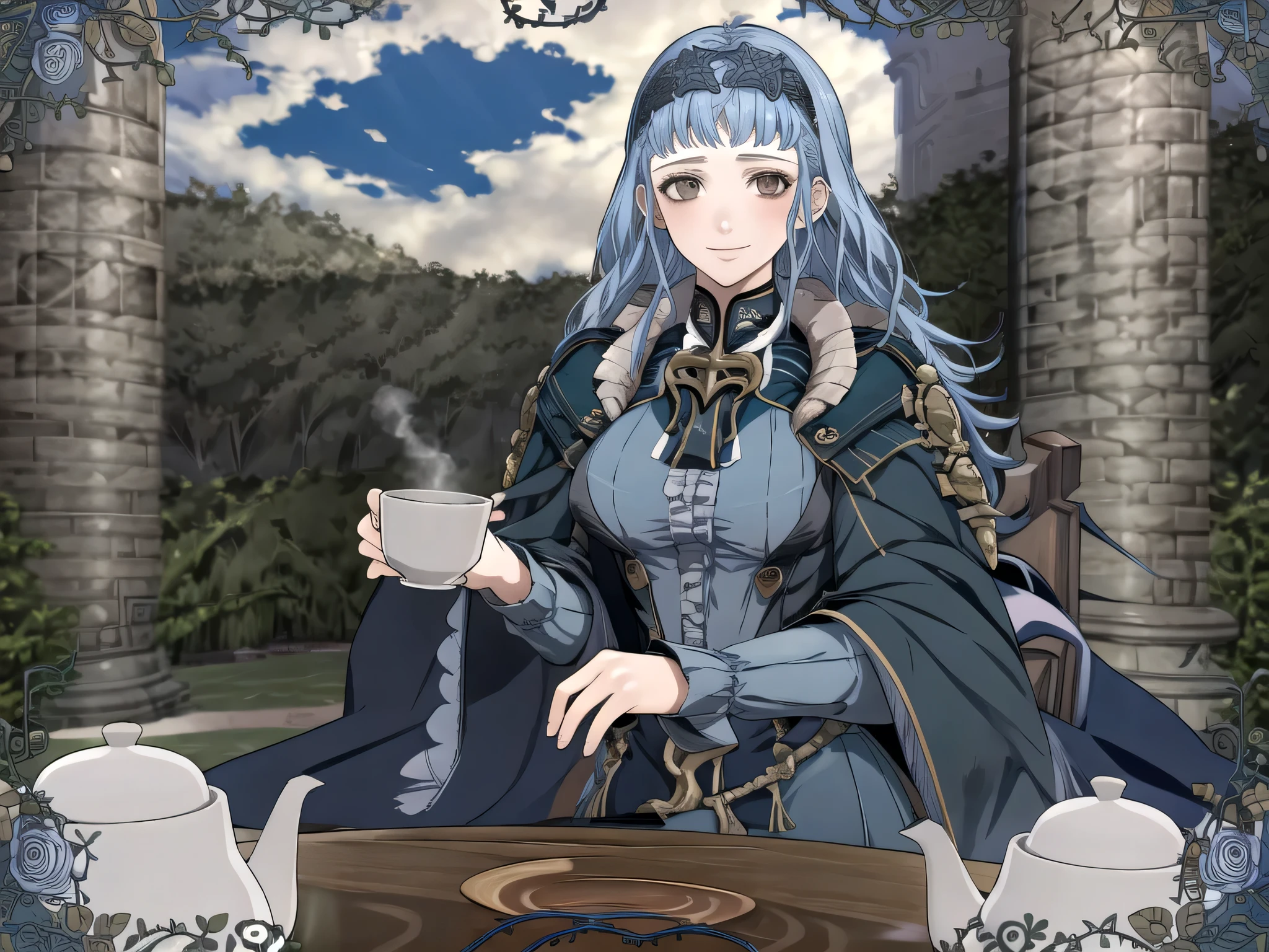 masterpiece, best quality, 1girl, smile, solo, looking at viewer, cup, table, food, teapot, outdoors, sitting, sky, clouds, sunset, BREAK masterpiece, best quality, marianne_hopes, long hair, blue dress, capelet, hairband, upper body, looking at viewer, solo, 1girl