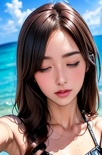 (Highest quality、Tabletop、8k、Best image quality)、One Woman、(beautiful, Shine, Pure white skin:1.3)、Brown Hair、(bikini:1.2)、(Very bright and clear sea:1.2)、 Shine明るい海、澄んだbeautiful海、Very clear sea、(beautiful Hiroshi々Stand on the beach:1.1)、beautiful surf edge、(Very vivid and bright sunny sky:1.1)、(beautiful and bright cumulonimbus clouds:1.1)、(very bright and vivid:1.2)、(Super bright and Shine skin:1.1)、(Ultra-high resolution, 明るくbeautiful色白美肌:1.3)、Ultra-high resolution beautiful teeth、Ultra HD Hair、Ultra-high resolution sparkling eyes、Natural Makeup、Accentuate your body lines、(Very 明るくbeautiful肌:1.1)、(Big Breasts:1.1)、(Slender body:1.1)、(Very small waist:1.1)、(Perfect Anatomy:1.1)、(Face close-up:1.3)、(Selfie with both hands:1.3)、(Close your eyes and kiss me:1.3), Shen