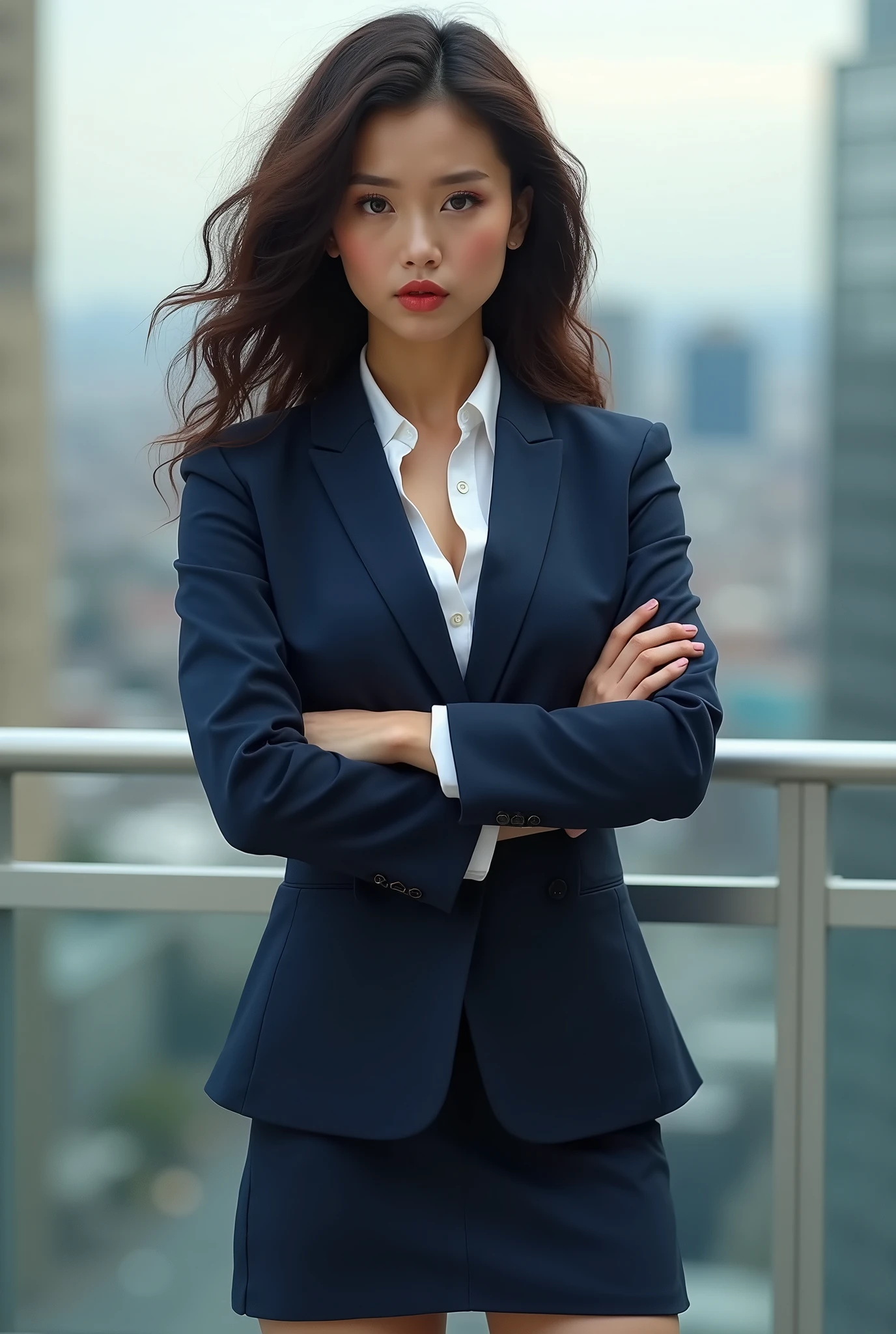 26 year old beautiful busty asian woman,Highest vulgarity image quality、realistic、16K、vulgarity makeup face、cute、curly hair、muscular,Standing、OL in the of、navy mini skirt suit、whole body、Annoyed、panoramic、show me your long legs、Photographed quite far away、whole body姿、arms folded、Full body、