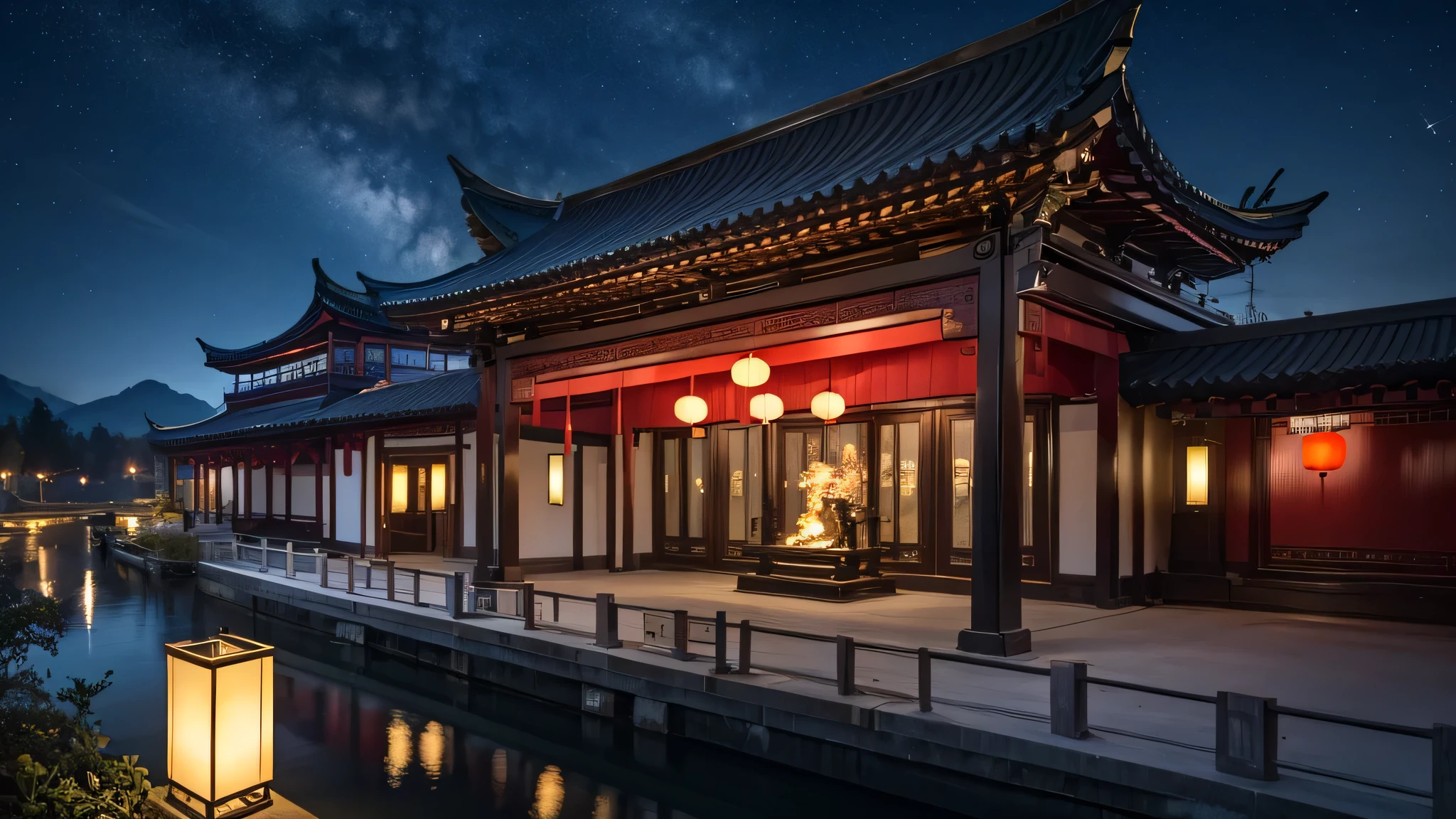 A majestic ancient Chinese architecture,Many lanterns and red threads are hung on the building,The lanterns have exquisite decorative patterns,The sky is a deep blue, star-studded night sky,Under the starry sky, they appear grand and mysterious,The atmosphere is majestic,high quality,masterpiece,Lots of details,8k,Amazing theatrical work, movie environment, masterpiece, best quality, Award-winning works, Personalize your style, Fine details, Realistic shadows, HDR, Ultra HD