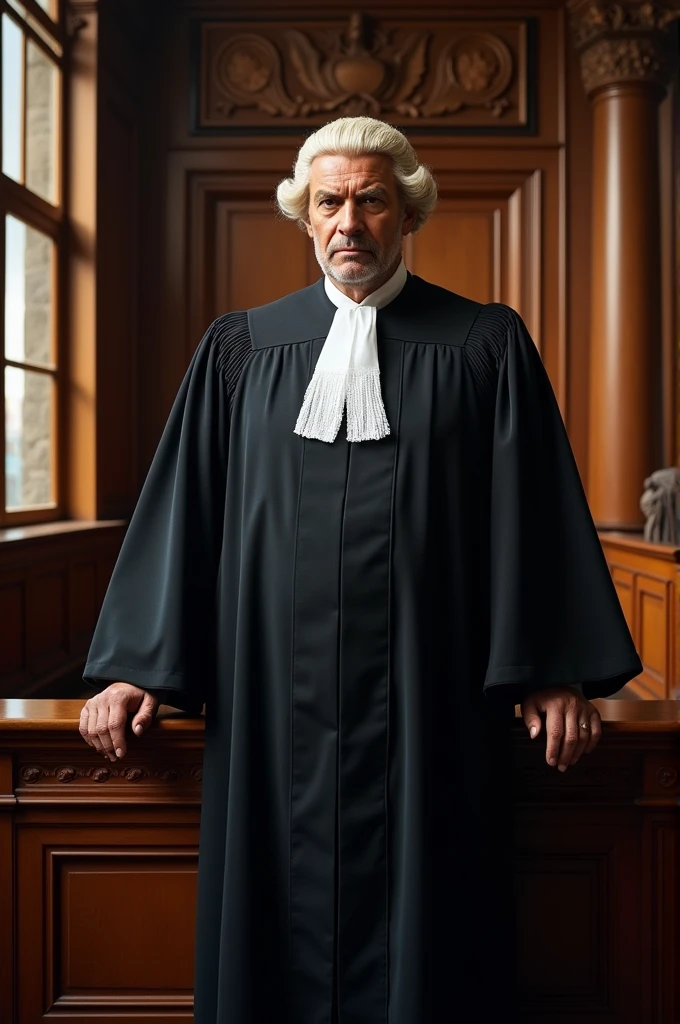 make me a prompt of an judge with complete face, hands, foot, facing the front view whole body