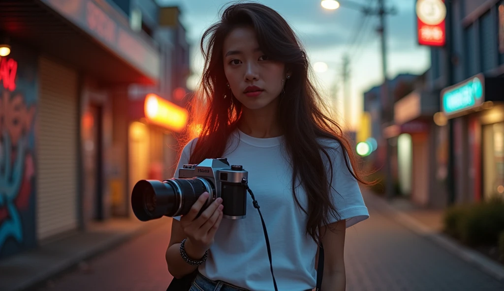 Attractive woman, I have a vintage camera., Japanese women, Long Wavy Hair,moody night,He's wearing a set,Wearing headphones and a white T-shirt,strong sunlight,old hip-hop style,