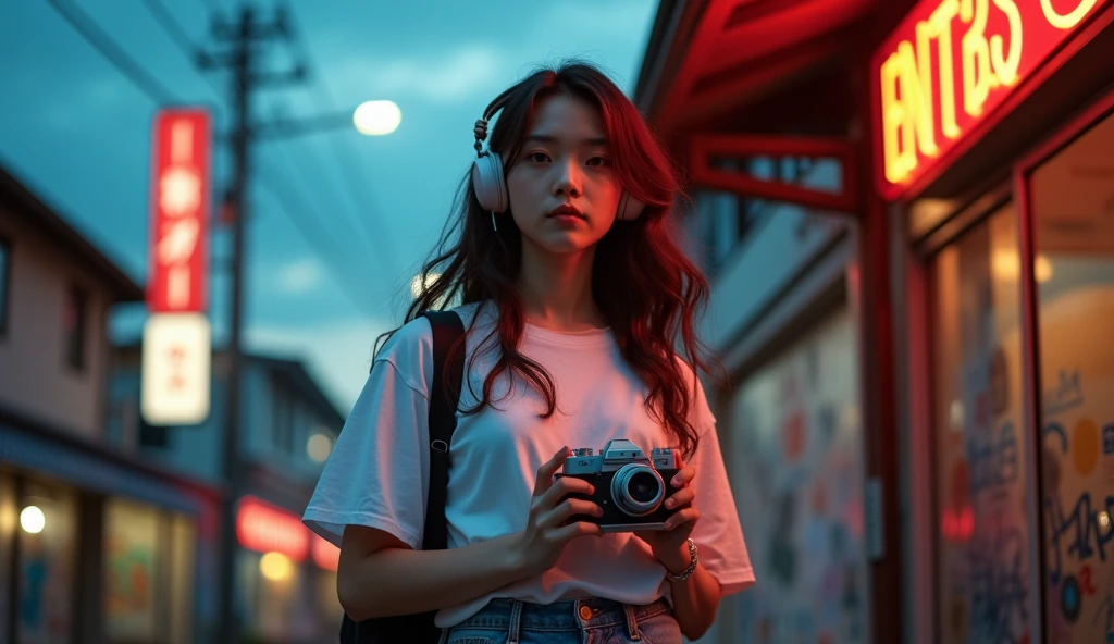 Attractive woman, I have a vintage camera., Japanese women, Long Wavy Hair,moody night,He's wearing a set,Wearing headphones and a white T-shirt,strong sunlight,old hip-hop style,