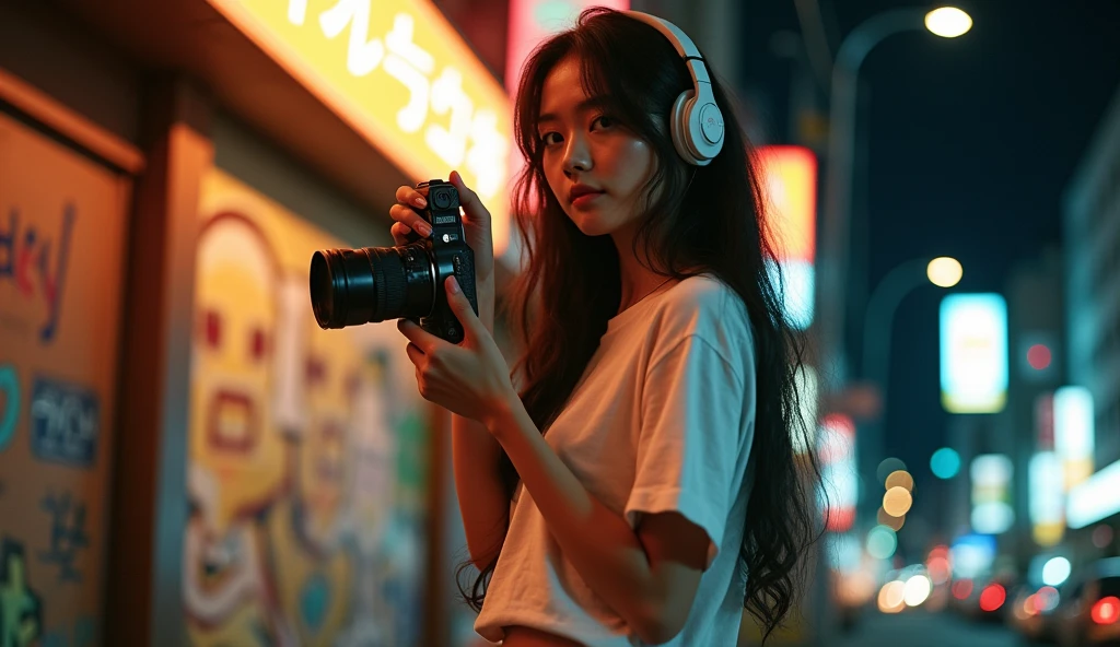 Attractive woman, I have a vintage camera., Japanese women, Long Wavy Hair,moody night,He's wearing a set,Wearing headphones and a white T-shirt,strong sunlight,old hip-hop style,