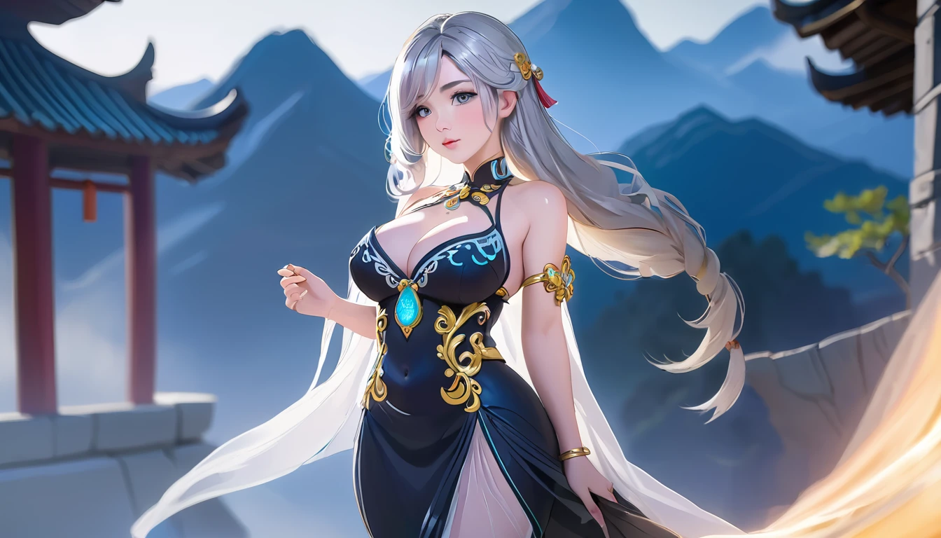 high quality,HD,16K,Sharp Line,1 Girl,fantasy, (Fire Spirits),Pretty Face, Large Breasts, Beautiful legs,In the mountains,Focus Girl,detailed Pretty Face,Detailed clothes,beautiful eyes,Cool,Sexy,Dynamic Angle,穿着华服的神明Strike a pose拍照, Ancient mysterious sexy goddess, Traditional beauty woman, Beautiful female warrior god of war , Beautiful sexy goddess, Gorgeous role-playing, high, Beautiful young girl, Beautiful woman, 华丽Beautiful woman, Complex clothing,Chinese Mystical Aesthetics, Beautiful Asian ancient mysterious girl, Extremely detailed shot of the goddess, Jaw-dropping sexy beauty, Big breasts deep neckline sexy belly button(butt), (bedroom), (Sexy Girls), masterpiece, best quality, Bangs, blush, Chest, clavicle, Eyebrows visible through hair, (Ombre gold hair), Jewelry, Long hair,Bright Eyes, ring, (solitary), illustration, fashionable, miss, Strike a pose, background, element, confident, Express, Accessories, majestic, striking, key point, Dynamic poses, ((plump)), (black))Woman in transparent dress,Viewer,(((Full breasts, Keeley University))),Slim waist,(Navel exposed,Bare waist), Long hair, extreme detailed details, 详细的fantasy艺术, Stunning character art, Beautiful and exquisite character art, Beautiful transparent dress, Very detailed, Large Breasts,Chest,Golden ratio figure,Beautiful figure,Ultra wide-angle shooting,Full body shot拍摄,Body close-up,Full body shot,Wearing a pleated tulle skirt,柔和动漫illustration, 柔和的深色background,Fujifilm XT3 Clear focus, f 5.6, High Detail, Clear focus,(Wearing openwork clothing),, (Natural light), (Tempting)translucent, Good velvet quality, Compared, Divine Light,, Silver hair, 天空background, Absolute Strength,Female Shinmei,穿着性感丝绸的Female Shinmei,,Large Breasts,Chest,Golden ratio figure,Beautiful figure,Ultra wide-angle shooting,Full body shot,Body close-up,Full body shot, Wearing a tulle dress, Model shooting style, Large Breasts,饱满Chest,Golden ratio figure,Beautiful figure,(Extremely detailed CG 8k wallpaper unit), The most beautiful artistic photos in the world, , 8K 超HD, ) on the beach,Sexy lazy posture,Sexy seductive expression,best quality,masterpiece,Ultra-high resolution,(Practical:1.4),original photo,Ultra-high resolution