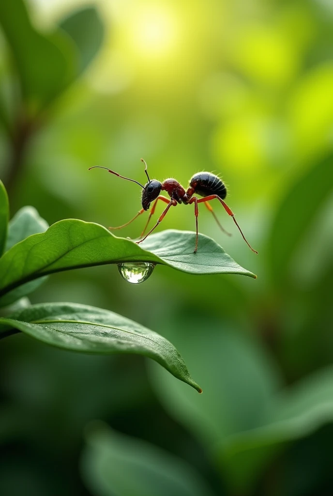 an ant jumping from leaf to a water drop