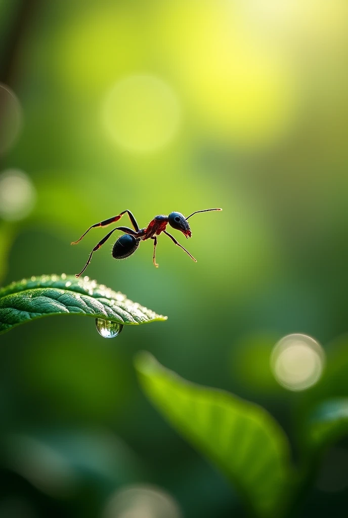 an ant jumping from leaf to a water drop