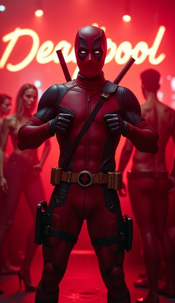Deadpool taking off the uniform in a striptease, in a nightclub with red neon lights, cinematic angle, best quality, masterpiece, perfect anatomy, highres, ultra-detailed, 8k, detail, unique, aesthetics, HDR, Photorealistic, Hyperrealistic, Hyperdetailed, analog style, soft lighting, subsurface scattering