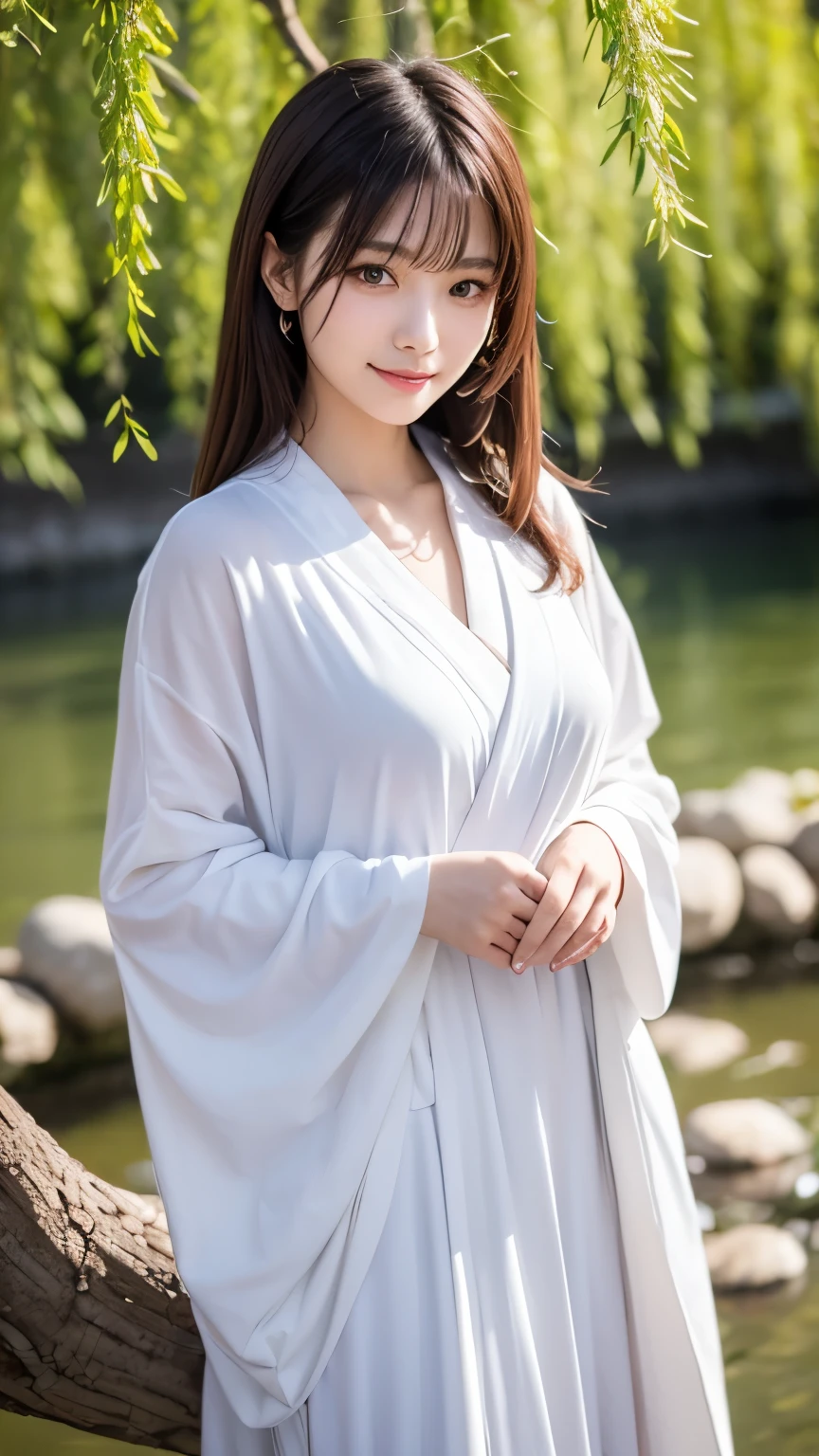 A beautiful adult woman like a white chrysanthemum stares at me with a quiet smile. She is dressed in a charming white robe. She stands gracefully under a willow tree with a stream flowing quietly behind her. The background is blurred.