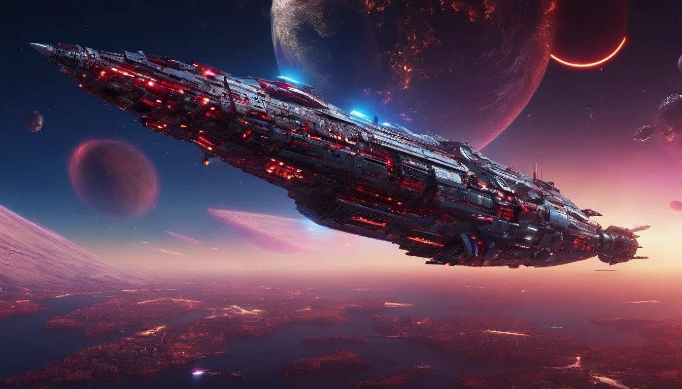A starship of Royalpunk style,very intricate details, aesthetic.The ship is adorned + gold royalistic ambiance, crimson red gears, levers, exact patterns, contrasting + its metallic crimson body.Background has stars, ships, & gigantic Earth-type planet.750k UHD 4D. Styles of Steven Spielberg, Harlan Ellison.Hyperrealistic, mid shot, color depth.A starship of Royalpunk style,very intricate red details, aesthetic.The ship is adorned + purple royalistic ambiance, gears, levers, exact patterns, contrasting + its metallic gold body.Background has stars, ships, & gigantic Earth-type planet.750k UHD 4D. Styles of Larry Niven, & Miles Jeffries .Hyperrealistic, 2 vibrant diamond nacelles.