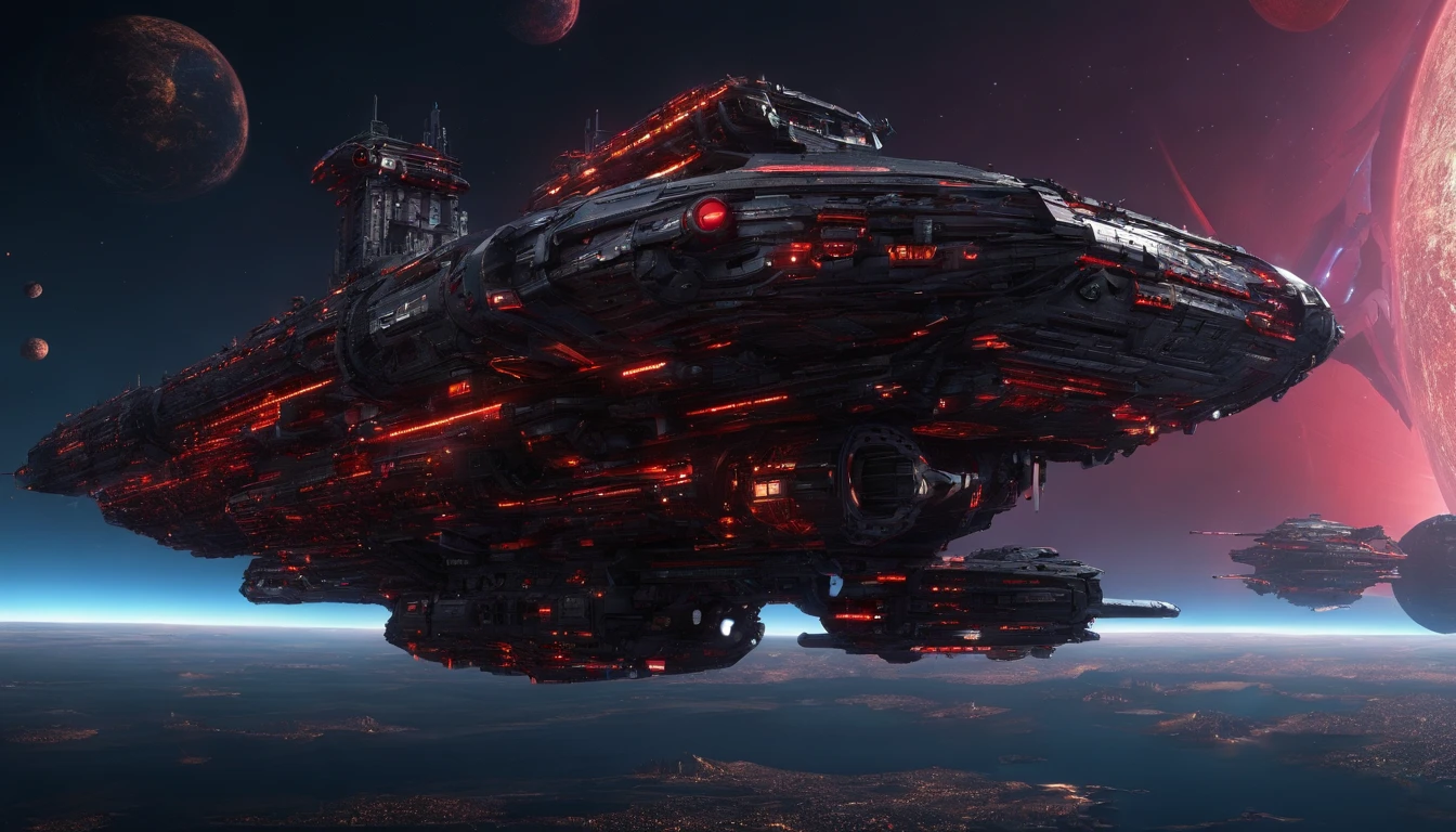A starship of Royalpunk style,very intricate details, aesthetic.The ship is adorned + gold royalistic ambiance, crimson red gears, levers, exact patterns, contrasting + its metallic crimson body.Background has stars, ships, & gigantic Earth-type planet.750k UHD 4D. Styles of Steven Spielberg, Harlan Ellison.Hyperrealistic, mid shot, color depth.A starship of Royalpunk style,very intricate red details, aesthetic.The ship is adorned + purple royalistic ambiance, gears, levers, exact patterns, contrasting + its metallic gold body.Background has stars, ships, & gigantic Earth-type planet.750k UHD 4D. Styles of Larry Niven, & Miles Jeffries .Hyperrealistic, 2 vibrant diamond nacelles.