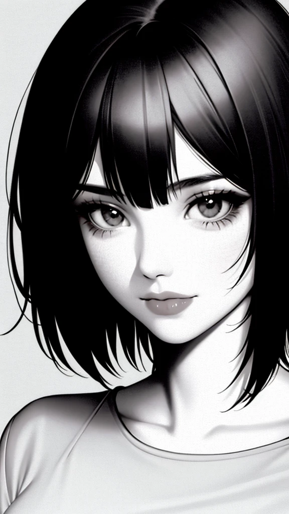 1girl, solo, black hair, masterpiece, top quality, extreme details, real lighting, 2D, HDR, black and white, exquisite eyes,